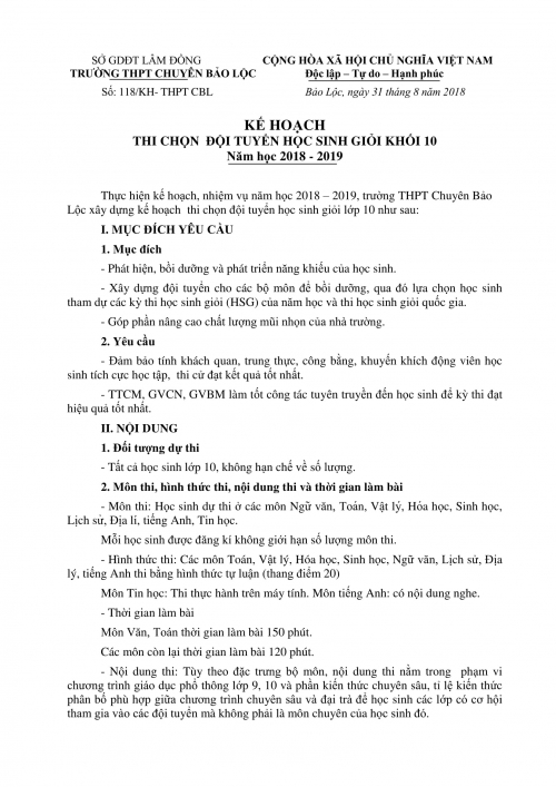 Kế hoạch tổ chức thi chọn đội tuyển khối 10 năm học 2018-2019