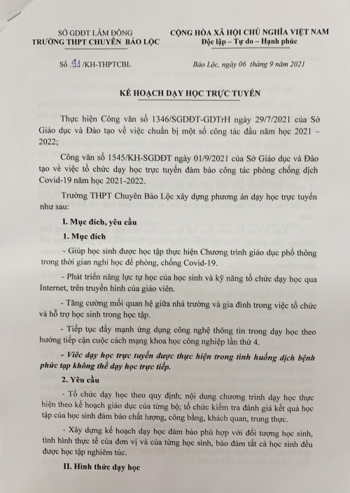 Kế hoạch trực tuyến - Thời khóa biểu học trực tuyến