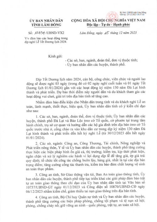 Công văn V/v đảm bảo các hoạt động trong dịp nghì Lễ Tết Dương lịch 2024.