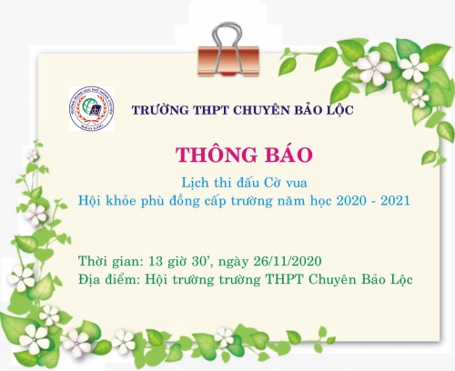 Lịch thi đấu Cờ vua - Hội khỏe phù đổng cấp trường năm học 2020 - 2021