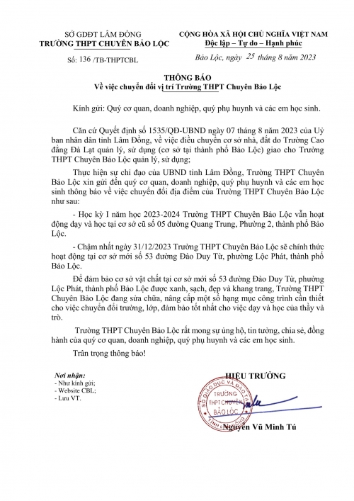 SỐ 136 THÔNG BÁO V/V CHUYỂN ĐỊA ĐIỂM TRƯỜNG THPT CHUYÊN BẢO LỘC