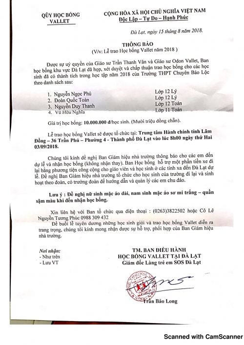 Thông báo: Danh sách học sinh nhận học bổng Oddon Vallet 2018