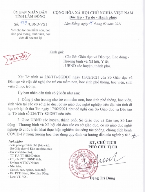 Thông báo: Học sinh toàn trường đi học lại vào 17/02/2021 theo CV 969/UBND-VX1