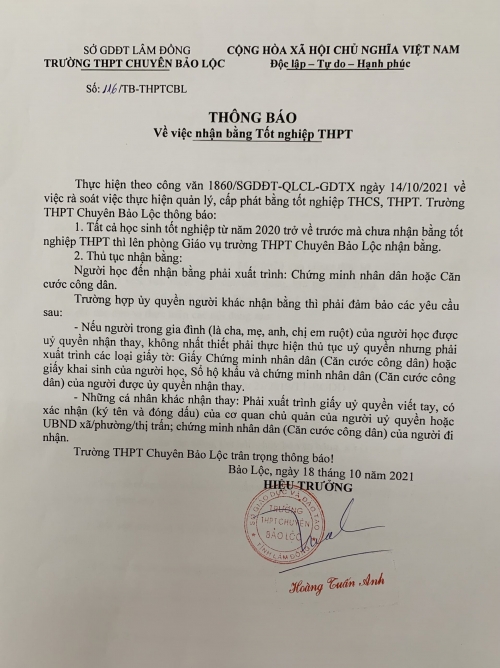 Thông báo nhận bằng tốt nghiệp THPT