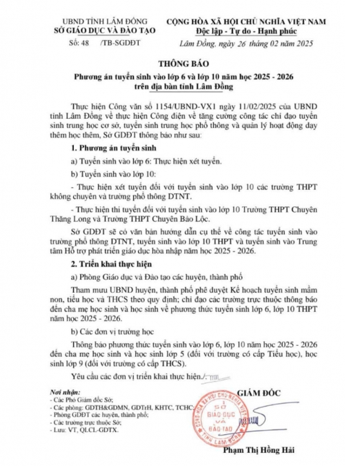 THÔNG BÁO: Phương án tuyển sinh vào lớp 6 và lớp 10 năm học 2025 - 2026 trên địa bàn tỉnh Lâm Đồng