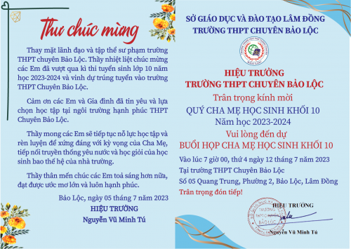 THƯ CHÚC MỪNG TRÚNG TUYỂN VÀ GIẤY MỜI HỌP PHỤ HUYNH HỌC SINH KHỐI 10 NĂM HỌC 2023-2024